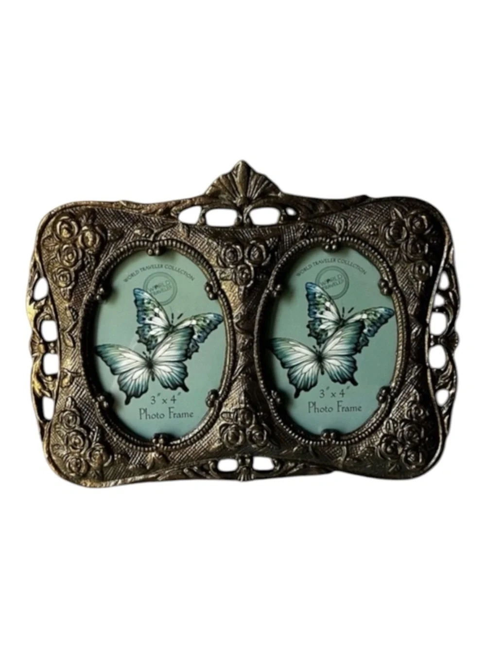 Gold ornate Double Photo Frame metal or brass for 3”x4” photo